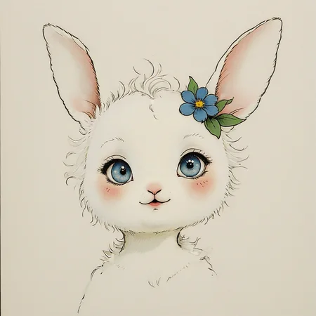 <lora:Delicate_WhimsySDXL:1> ArsMJStyle, Delicate Whimsy, The image shows a drawing of a white rabbit with blue eyes and a flower in its hair set against a white background., no humans, blush, simple background, looking at viewer, blue eyes, flower, traditional media, animal focus, solo, closed mouth