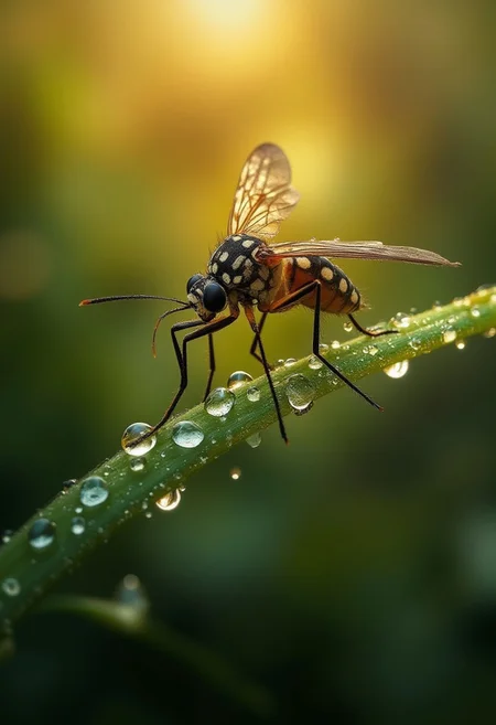 hyper realistic detailed image, (((mosquito: 1.4))), nimble, [sun shine on dew drops], epic, cinematic photography with sharp focus, 16k hdr, volumetric lighting, depth of field, hyper realism of fog and haze, vivid colors and textures, unique examples of nature as shown by the artist, very stunning landscapes