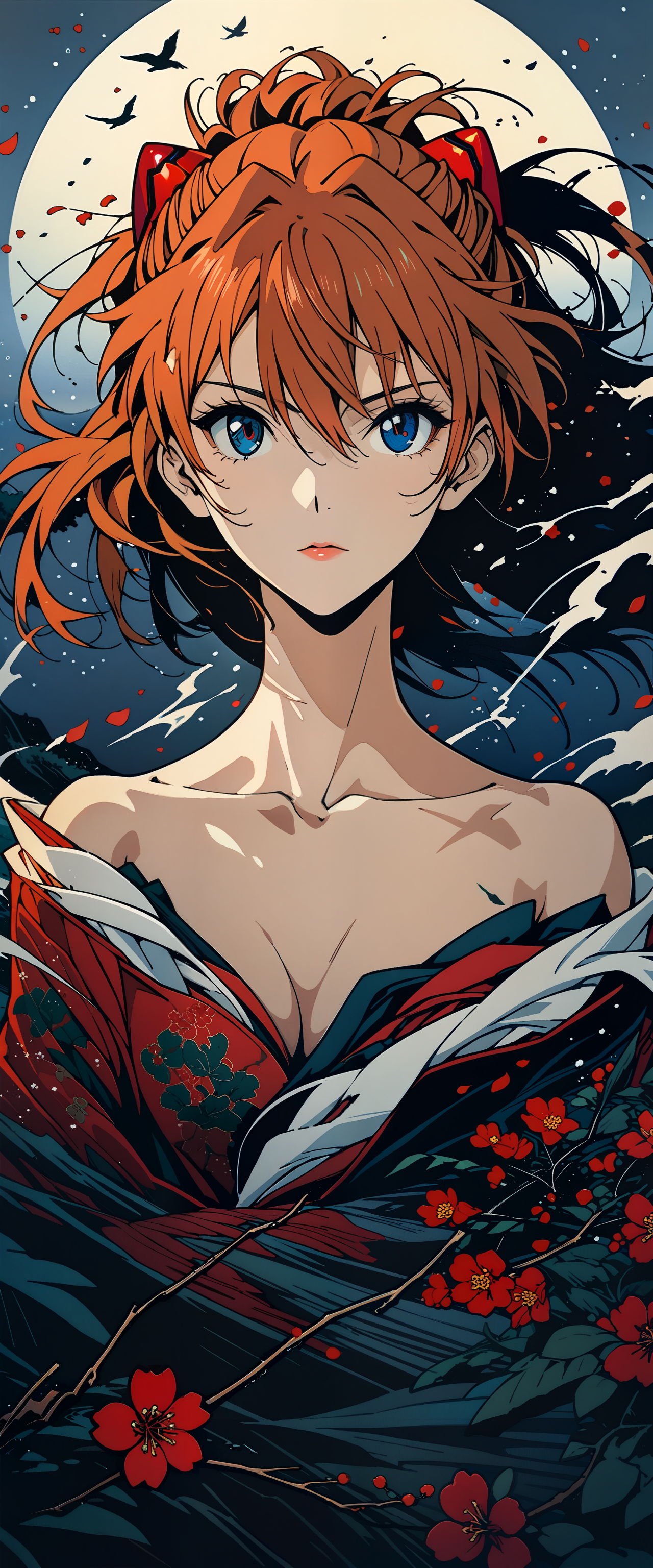 masterpiece, best quality, very aesthetic, absurdres, Professional Fashion, Ukiyoe art styles, woodcuts style, by Chen Hongshou and Tatsuya Oishi, KHsty-XL, <lora:KHsty-XL-v3-AN:0.55>, 
break
dark scenery, storm, wind, rain, mist, ocean, waterfall, cloud, flowers, plum blossoms, floral, birds, cherry petals flying in the air, leaf, plant, tree, moon, moonlight, cliff, wind effects, The Beauty of Nature, The Aesthetics of Nature, Stillness and Motion, zen-tangle,
break
1girl, (souryuu asuka langley:1.4), neon genesis evangelion, rebuild of evangelion, aged up, mature, detailed beautiful face, lips, disgust, Japanese beauties, kimono, strapless, off shoulder, bare shoulders, collarbone, looking at viewer, relaxed pose, perspective from below, perfect composition, perspective, depth of field, bokeh,
break
cinematic, super fine concept art, highly detailed, extremely detailed, intricate details, fine texture, crisp detail, crisp edges, muted minimal, line art, iridescent, high contrast, shadows, chromatic aberration, 
break
<lora:Sinozick:0.7>, <lora:Midjourney Image Enhancer XL v1:0.5>, <lora:VOGUE_Fashion_Magazine_Cover_Vintage_1960-1975_SDXL:0.5>, <lora:MJ52:0.3>, <lora:Desolation:0.1>,