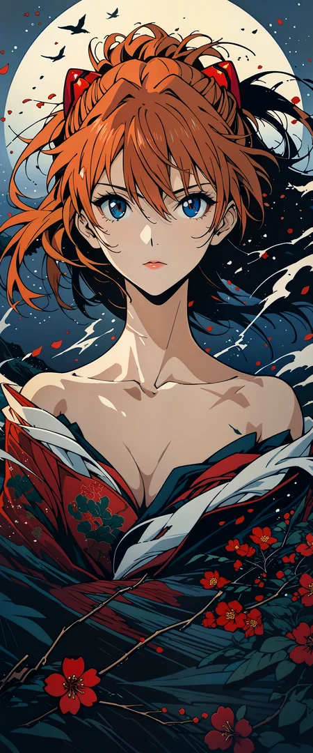 masterpiece, best quality, very aesthetic, absurdres, Professional Fashion, Ukiyoe art styles, woodcuts style, by Chen Hongshou and Tatsuya Oishi, KHsty-XL, <lora:KHsty-XL-v3-AN:0.55>,
break
dark scenery, storm, wind, rain, mist, ocean, waterfall, cloud, flowers, plum blossoms, floral, birds, cherry petals flying in the air, leaf, plant, tree, moon, moonlight, cliff, wind effects, The Beauty of Nature, The Aesthetics of Nature, Stillness and Motion, zen-tangle,
break
1girl, (souryuu asuka langley:1.4), neon genesis evangelion, rebuild of evangelion, aged up, mature, detailed beautiful face, lips, disgust, Japanese beauties, kimono, strapless, off shoulder, bare shoulders, collarbone, looking at viewer, relaxed pose, perspective from below, perfect composition, perspective, depth of field, bokeh,
break
cinematic, super fine concept art, highly detailed, extremely detailed, intricate details, fine texture, crisp detail, crisp edges, muted minimal, line art, iridescent, high contrast, shadows, chromatic aberration,
break
<lora:Sinozick:0.7>, <lora:Midjourney Image Enhancer XL v1:0.5>, <lora:VOGUE_Fashion_Magazine_Cover_Vintage_1960-1975_SDXL:0.5>, <lora:MJ52:0.3>, <lora:Desolation:0.1>,