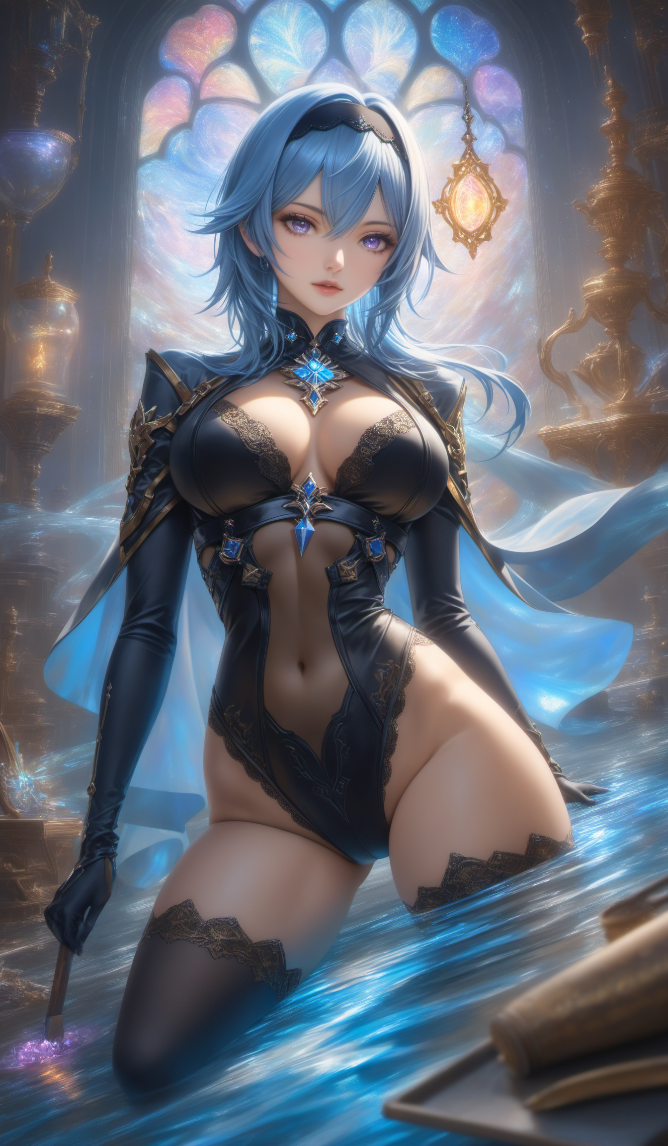 (genshin impact),eula, bangs, hair ornament, hair between eyes, blue hair, purple eyes, sidelocks, hairband, medium hair, black hairband,thighhighs, gloves, long sleeves, necktie, black gloves, cape, leotard, blue necktie, vision \(genshin impact\),
(Best quality,masterpiece,absurdres,ultra realistic:1.4),(Rococo:1.4),(close portrait:1.3),(((photo raw)),),peerlessly , beautiful detailed eyes,(see-through_clothing),(Elegant),shine,glowing,sparkling,energy coalescing and vibrating,(dynamic angle,dynamic pose),whole_body,Lying down,nsfw, topless, nude,
wearing see-through gothic outfit,charming,alluring,seductive,enchanting,cleavage,exposed,(Dream_wave:1.22),
(holographic collar ),(gorgeous numerous inclusions morganite, emerald cut, facet arrangement, 5.00 carat, astonishing,    glowing, resin, mohs scale, wear resistance, color enhancement, trellis setting, cultured, limited supply, steampunk, antique, religious symbols),(coastline, foyer,coral polyp,chalk),(golden void magma),(meeting room, Fan,cooking utensils (spatula, ladle, etc.),plates,rugs, Andesite stone, Bonfire,High-Intensity Discharge Lamps, fiber optic lighting),
(Around floating colorful water:1.4)the most beautiful form of chaos,(square:1.4),(colorful leaves:1),