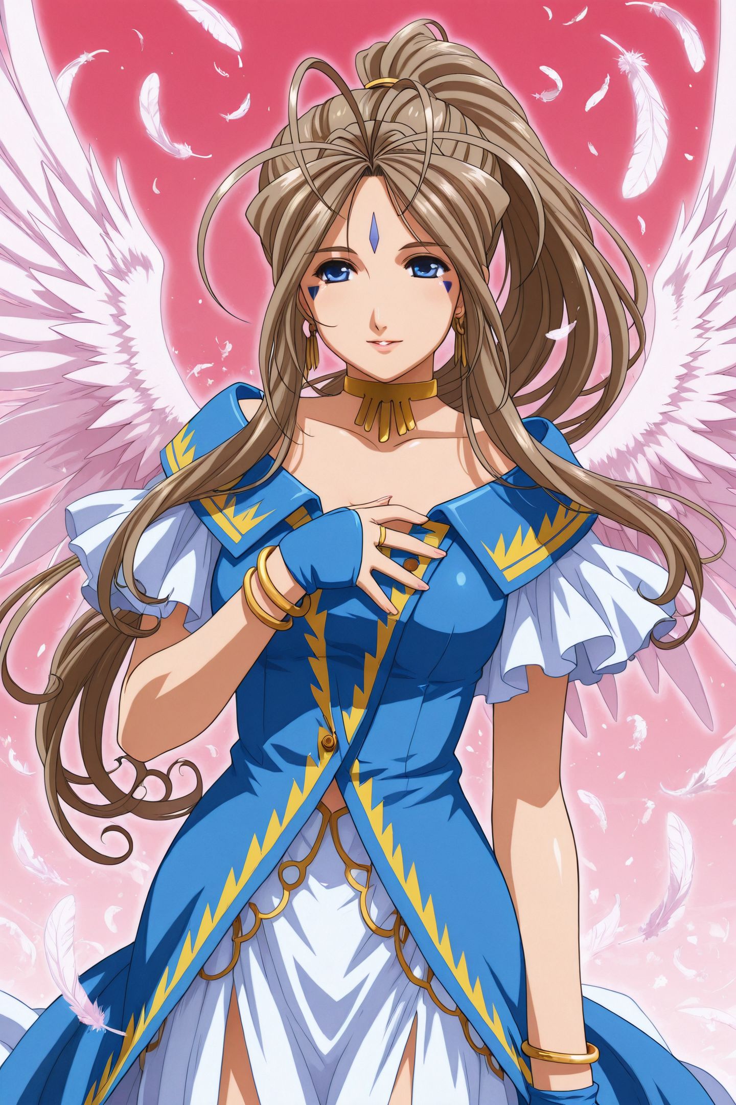 Anime Style,Belldandy,1girl,solo,facial mark,jewelry,long hair,feathers,brown hair,forehead mark,wings,blue eyes,bracelet,earrings,ponytail,gloves,choker,ring,
<lora:Ah! My Goddess_illustriousXL:1>,