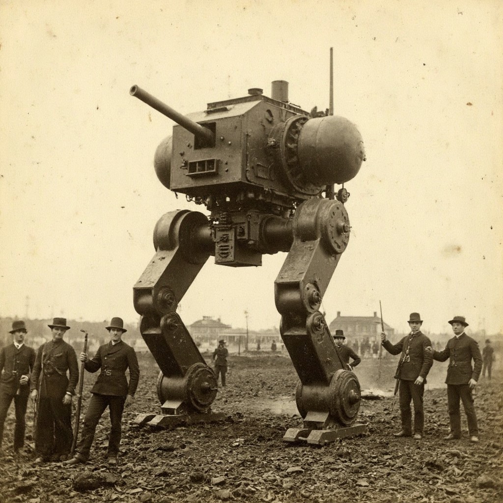 An aged worn sepia monochrome 1800s photograph of A steampunk:3 Mecha, giant walking robot, with canons on the battlefield of the US Civil War