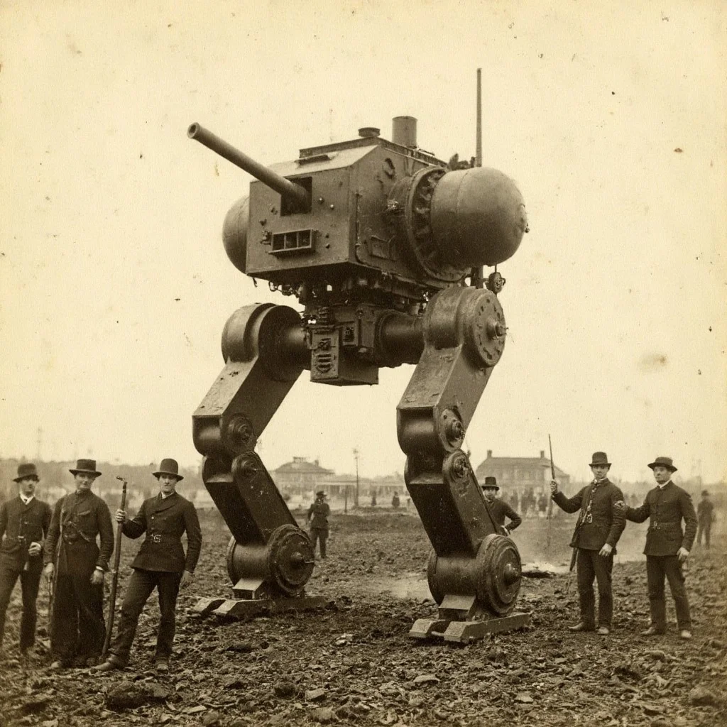 An aged worn sepia monochrome 1800s photograph of A steampunk:3 Mecha, giant walking robot, with canons on the battlefield of the US Civil War