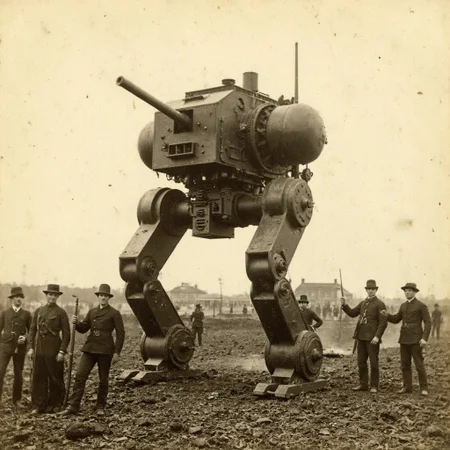 An aged worn sepia monochrome 1800s photograph of A steampunk:3 Mecha, giant walking robot, with canons on the battlefield of the US Civil War