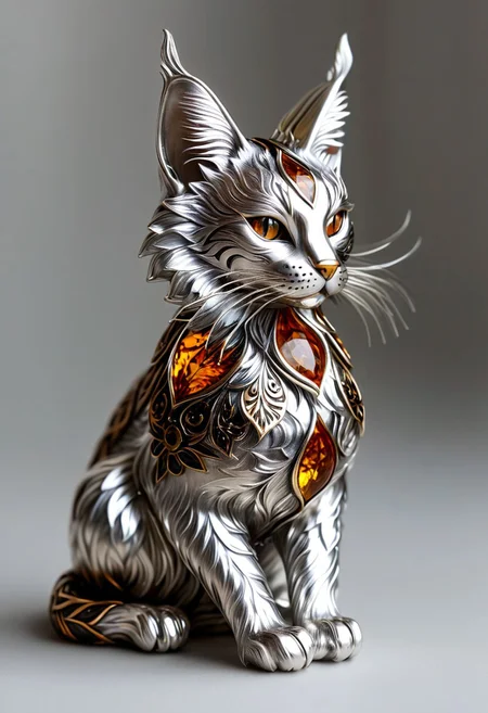 a unique, inadequate, unusual shape of random Mainecoon+botanical art object, filigree statuette, gloss metal silver, amber eyes, cloisonne enamel minankari, intricate details, ultra sharp, exquisite details, studio photo, soft lighting, End_JewelryMorph