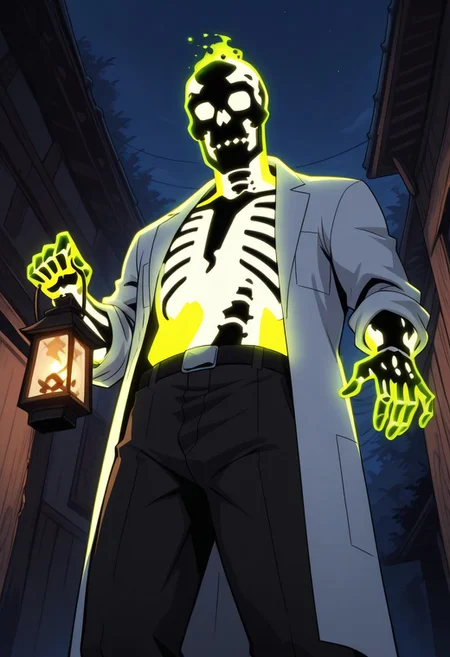 score_8_up, score_7_up, ExpresHGothicNeonIncase, masterpiece, best quality, best aesthetics, perfect anatomy, perfect proportions, high resolution, good colors, bright skin, good shading, countershading, well detailed background, BREAK, ,male focus, solo, mature male, fmale focus, 1boy, Doctor Phosphorus, Dr. Phosphorus, (Skeleton, glowing: 1.2), solo, BREAK, solo, rating_explicit, pecs, nipples, 1SetClothes, labcoat, black pants, belt, boots, closed mouth, smile, head tilt, blushing, blurry outdoor lantern festival, warm bokeh, realistic lighting, from below, hands with five fingers,