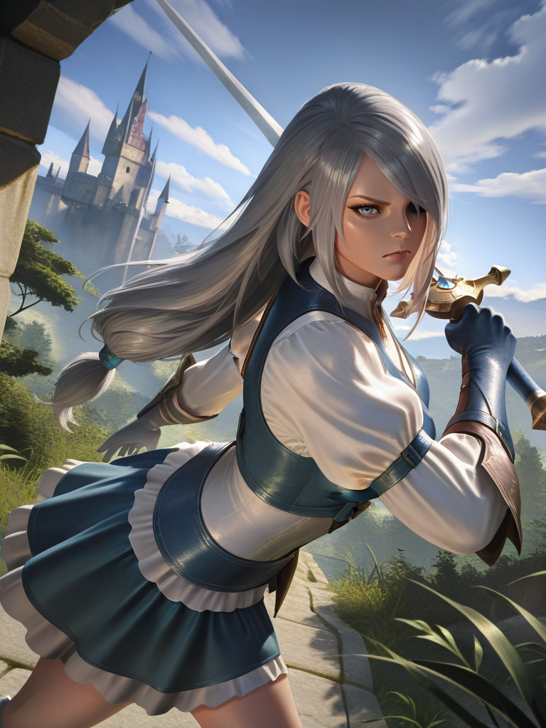 1girl, medium breasts, (JillXL:1.1), white shirt, vest, dress, skirt, long sleeves, puffy sleeves, blue eyes, grey hair, long hair, gloves, one eye covered,
serious, dutch angle, sexy pose, looking at viewer, blue sky, clouds, castle behind, vegetation, daylight, dynamic pose, cowboy shot, leaning forward, holding sword, fighting stance, from side,
<lora:AjillWarrick_character:0.7>  <lora:League_of_Legends__illustrious-XL:0.8> league of legends, official art, photorealistic,