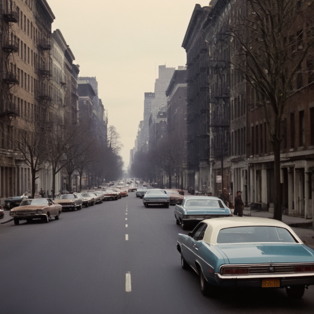 cinematic film still of  <lora:1970's style:1>
In the 1970's a street with cars and buildings in the background,outdoors,tree,no humans,ground vehicle,building,scenery,motor vehicle,city,car,road,vehicle focus,lamppost,street,truck , realistic,realism, detailed, perfection,perfect,filmic,retro,vintage,classic,different haircut,different look,different style,different people, 1970's style , 1970 style, shallow depth of field, vignette, highly detailed, high budget, bokeh, cinemascope, moody, epic, gorgeous, film grain, grainy