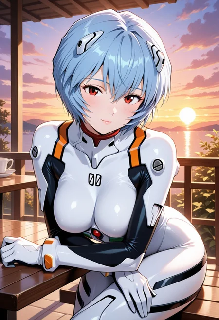 1girl, Cowboy Shot, cute, seductive, innocent, light smile:0.3, plump lips,  sitting at the table, outdoor,  bokeh,  crossed legs, leaning forward,
 Cowboy Shot, Ayanami Rei, cute, seductive, innocent, light smile:0.3, plump lips, slender body, red eyes, short light blue hair, floating hair, white plugsuit, sunset,, <BREAK> , masterpiece, amazing quality, best quality, ultra-detailed, 8K, illustration, CG, anime coloring