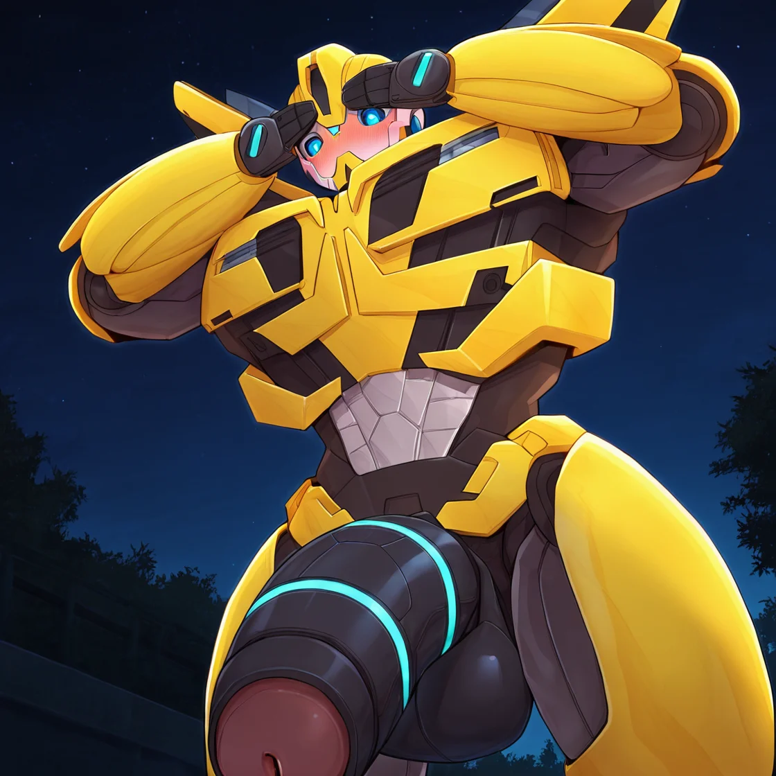 <lora:Bee:1> bee, robot, blue pupils, mecha, solo, 1boy, huge neon penis, shrugging, masterpiece, absurdres, dark, night sky, view from below, blushing, covering own eyes <lora:SyuroV2:1> syuro_st32