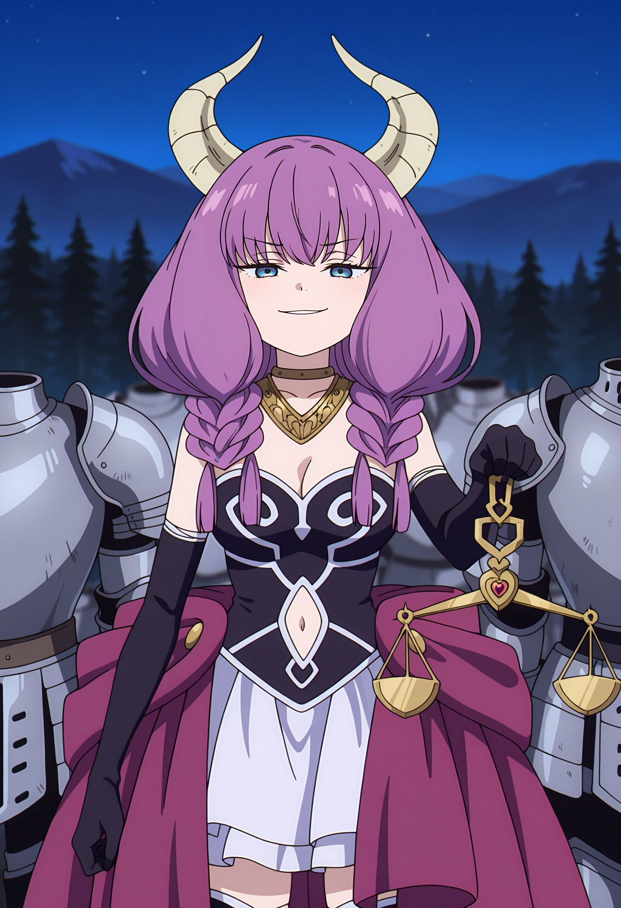 anime screencap, masterpiece, best quality,
<lora:SousouNoFrieren_Aura_IlluXL:0.9>,
1girl, light smile, smug, teeth,
purple hair, low-braided long hair, blue eyes, demon horns,
AuraSSnF, neck ring, necklace, black corset, medium breasts, cleavage, navel cutout, white skirt, overskirt, purple skirt, elbow gloves, black gloves, 
thigh boots, black footwear,
arm at side, holding scale, balancing scale,
multiple others, headless, knight, blurry,
standing, looking at viewer, cowboy shot,
night, forest, mountainous horizon, night sky, blurry background