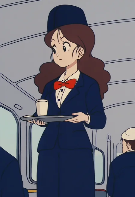 score_9, score_8_up, score_7_up, score_6_up, score_5_up, score_4_up, source_anime, BREAK
<lora:DBExtraGirl03FFA:1>, DBExtraGirl03FFA, brown hair, long hair, black eyes, breasts,
attendant hat, blue jacket, white collared shirt, red bowtie, skirt, suit,
holding tray, cup, looking away, 
BREAK airplane interior,