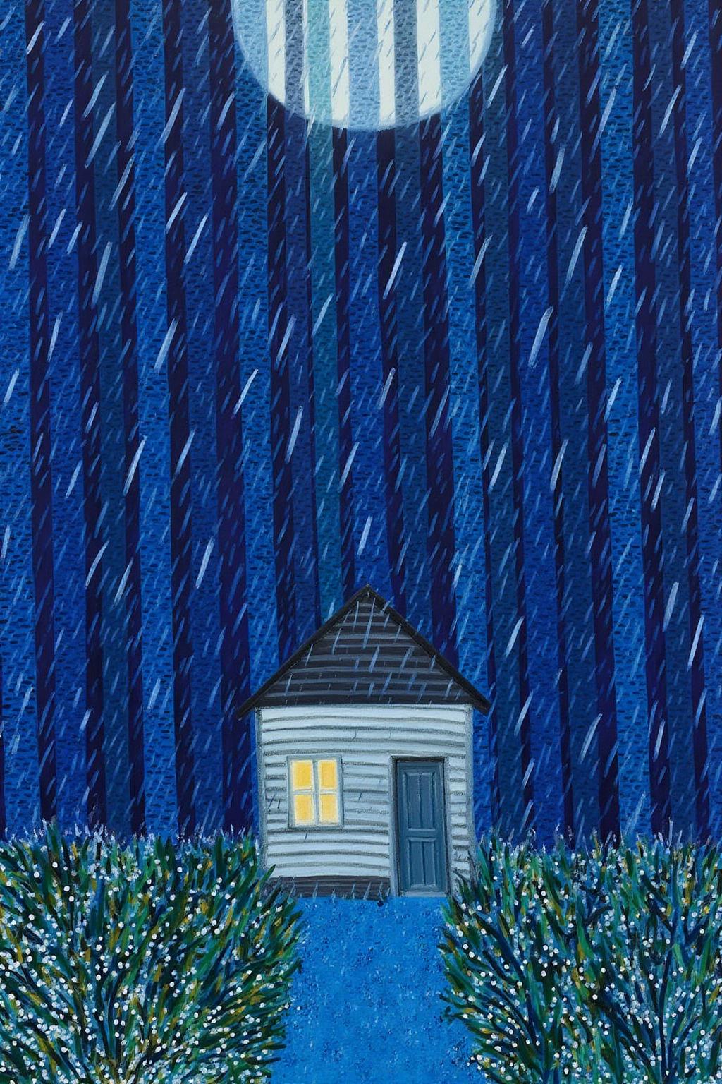 mawo1 painting.
A painting depicting a serene, solitary cabin nestled deep in a forest during a rainstorm at night. The artwork uses a vibrant, abstract style with bold, expressive brushstrokes and a palette dominated by shades of blue and white. The cabin, situated slightly off-center, is a small, rustic structure with a small, peaked roof painted in a muted, off-white color. It has a small, rectangular window with a golden light emanating from it, suggesting warmth and life within. There is a full moon visible at the top of the image. <lora:mawo1_cap_d6a3e12:1.0><lora:821390574130042855:0>