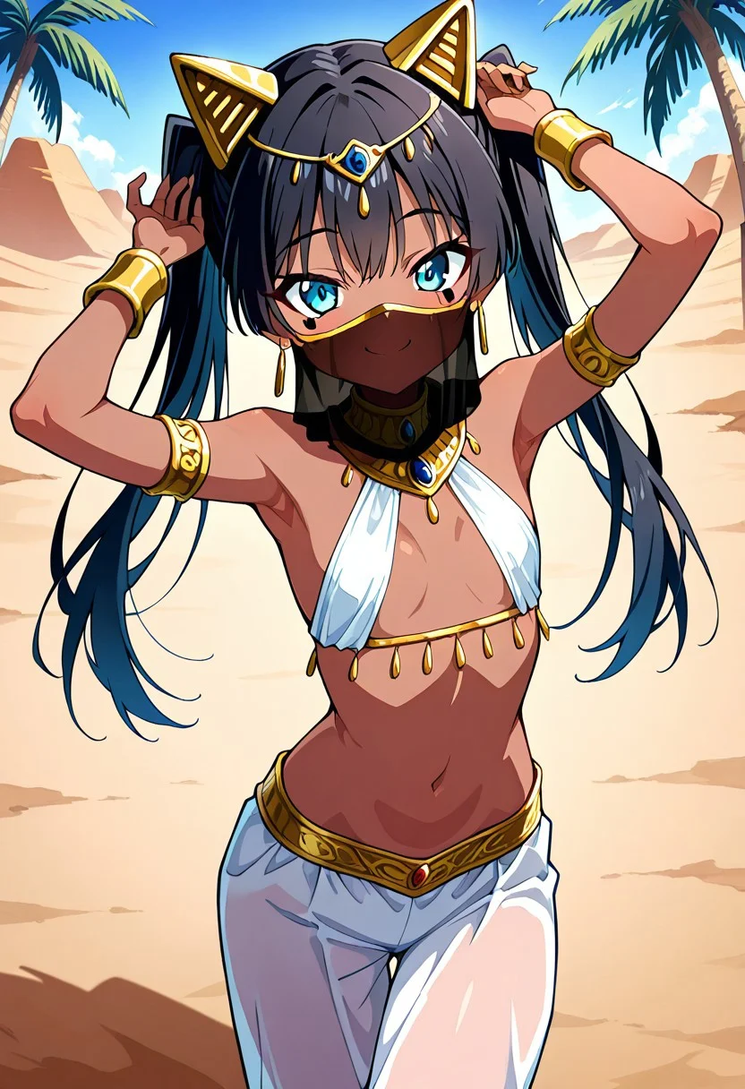 masterpiece, best quality, amazing quality,, 1girlManga, nhentai manga, Vepto-sama! Hito o Ijimecha Ikemasen! | Wept-sama! You Mustn't Torment The Humans! ~Evil Deity Queen Gets Her Just Deserts~, 1girl, solo, Wept-sama, dark skin, dark skinned girl, lolibaba, flat chest, tiny breasts, dark blue eyshadow, teal colored eyes, black eye marks, gold metal cat ear hair accessories, black hair, twintail hairstyle, gold bar earrings, looking at viewer, dark skin, navel, full body portrait, anime screencap, <lora:harem-outfit-illustriousxl-lora-nochekaiser:1>, harem outfit, white veil, arabian clothes, neck ring, mouth veil, circlet, harem pants, thighlet, gold trim, dancer, smile, arms up, armpits, outdoors, desert, sand, palm tree, water, looking at viewer, solo, cowboy shot