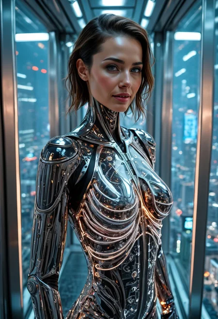 the most realistic, photorealistic photo ever taken [PORTRAIT MID BODY SHOT, extremely detailed, 8k, BEAUTIFUL FEMALE ANDROID (SEDUCTIVE SMILING:1.5), looking at the camera, IN A HIGH TECH FUTURISTIC LIFT OVERLOOKING THE CITY, LEDS,BIOMECHANICAL BODY PARTS, (glass TRANSPARENT ULTRA DETAILED BODY:1.5) SHOWING CIRCUITRY INSIDE THE BODY, Detailed hand, (DYNAMIC POSES:1.5), Perfect hand, ],ANDROID