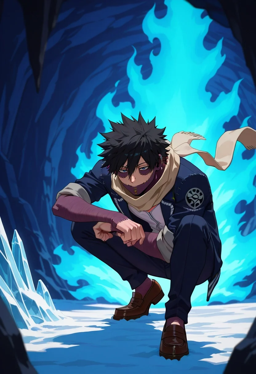 masterpiece, best quality, intricate details, anime screencap, anime coloring, official style, , 1boy, solo, male focus, <lora:dabi_bnha_ilxl:0.98>, dabi_bnha, black hair, blue eyes, short hair, spiked hair, hair between eyes, messy hair, bangs, scar, burn scar, scar on face, piercing, ear piercing, stitches, blue fire, frost peak, icy cliffs, snow-filled caverns, frozen trails, climbing pose, determined expression, winter dawn, Tulle Cropped chinos, Varsity jacket, Suede loafers, , Infinity scarf