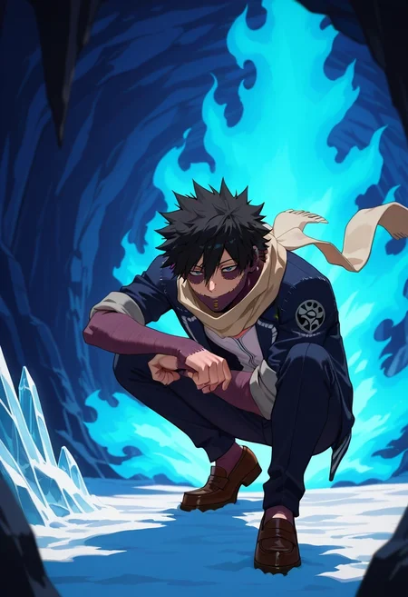 masterpiece, best quality, intricate details, anime screencap, anime coloring, official style, , 1boy, solo, male focus, <lora:dabi_bnha_ilxl:0.98>, dabi_bnha, black hair, blue eyes, short hair, spiked hair, hair between eyes, messy hair, bangs, scar, burn scar, scar on face, piercing, ear piercing, stitches, blue fire, frost peak, icy cliffs, snow-filled caverns, frozen trails, climbing pose, determined expression, winter dawn, Tulle Cropped chinos, Varsity jacket, Suede loafers, , Infinity scarf