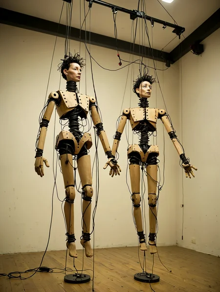 Professional photography.
Human marionettes, controlled by wires from the ceiling.