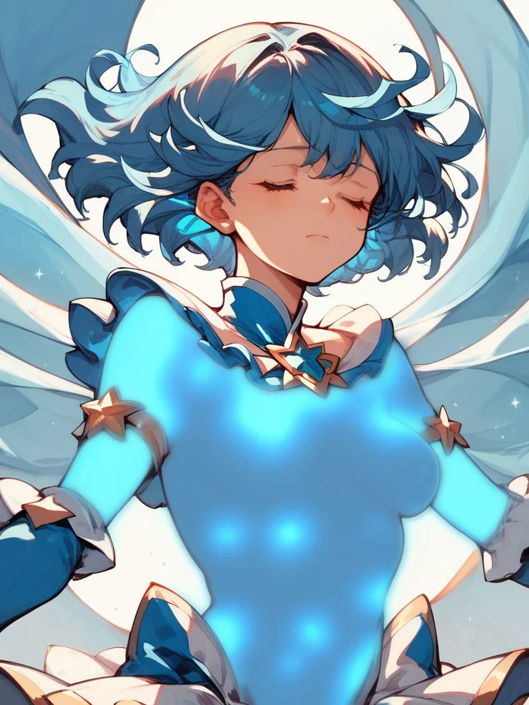score_9,score_8_up,score_7_up,source_anime,rating_explicit,<lora:henshin:1>,henshin,glowing body,magical girl,naked,skirt,closed eyes,upper body,long blue hair,breasts,spread arms,from front,