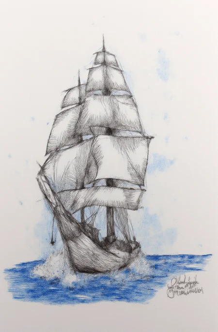 Sharp image of a rough sketch, rendered in vibrant multi colour ballpoint pen, capturing the adorable features of a black and white pencil sketch of a tall ship sailing on the ocean. The ship appears to be a sailing vessel, with multiple masts and sails billowing in the wind. The sky is cloudy and the water is choppy, with small waves crashing around the ship. The overall mood of the image is peaceful and serene.  p3nsk, aidmaNSWFunlock, <lora:aidmaNSFWunlock-FLUX-V0.2:0.5>, <lora:ErosWomen_beta_v05:0.5>, <lora:p3nsk:1>