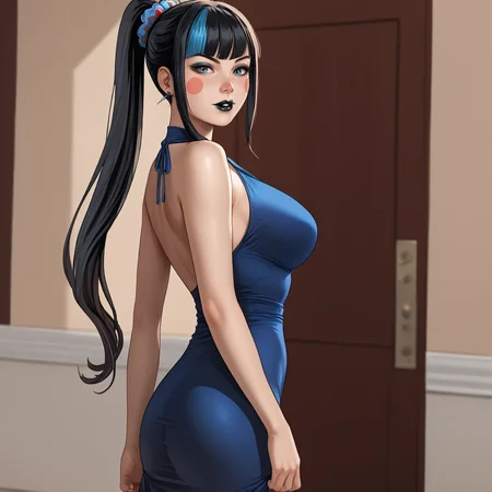 <lora:punchline_pony_v1:.8> Punchline, 1girl, black hair, medium breasts, ponytail,  long hair,  bangs, multicolored hair,, black lipstick,eyeshadow, cowboy shot, <lora:0932 Home wear 9_v1_pony:1> ruanyi0932,blue dress,halter dress,sleeveless,cowboy shot,taut dress,skin tight,long dress