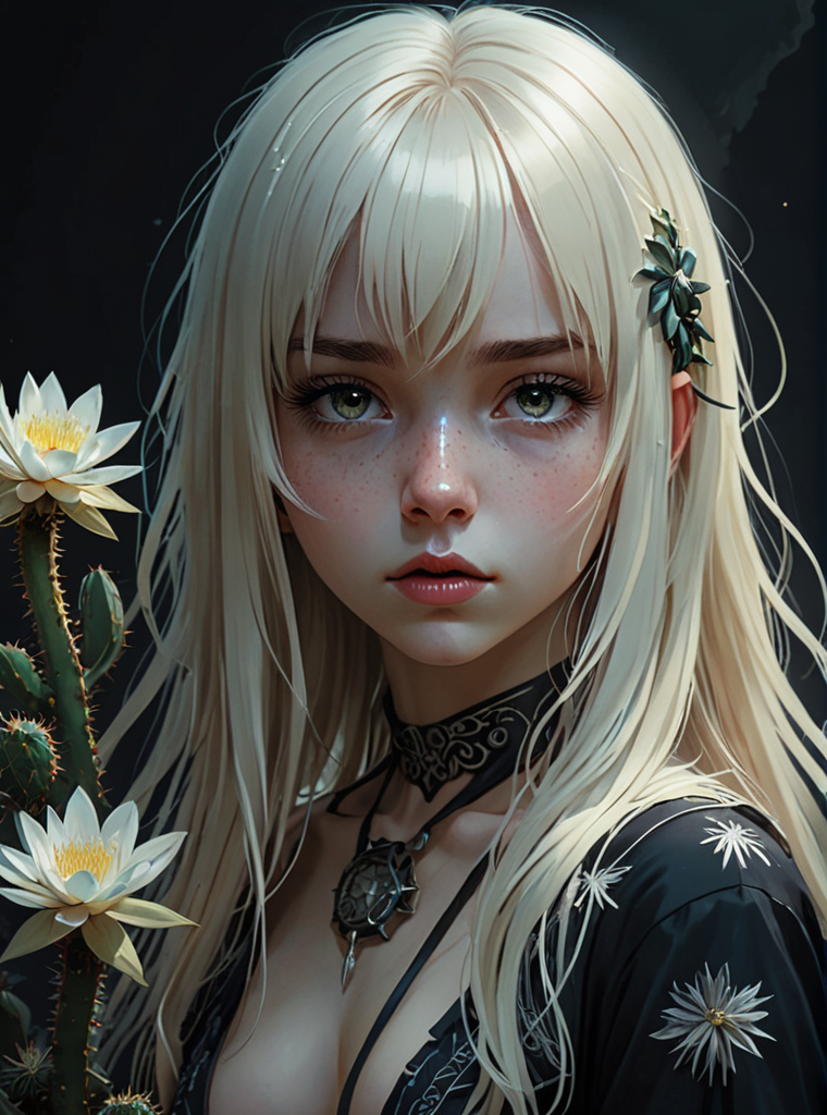 2D drawing, overhead shot, full body girl with long white hair and bangs, (Anna Dittmann, Ilya Kuvshinov, Jeremy Mann) a large obsidian medallion, low head, hyper detailed eyes, cactus flower, dark shadows, very high contrast, overhead light, dark background, gloomy atmosphere, manga style