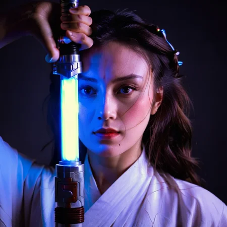 a woman   holding a Lightsaber in the face <lora:weaponface:0.85>
