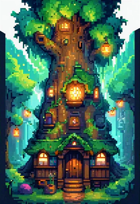 pixel-art, Reference_sheet, sprite_sheet, props, fornitures, game_assets, digital_art, ilustration, watercolor_(medium), houtline, wide_angle, hd, 4k, 1tree, 1spirit, 1ghost, cute_ghost, ancient_tree, purples_lights, aqua_lights, (a magical tree),  hilltop, poplar, fireflies, carnival, (decoration), pennants, (flags), torches, pennants,  radiant_yellowstone, gemstones, everyone, multiples_creatures, creatures, intrincate_tree, struggle_tree, halloween_theme, horror_(theme), curve_tree, white background, (high_angle_view), (top-down_view)