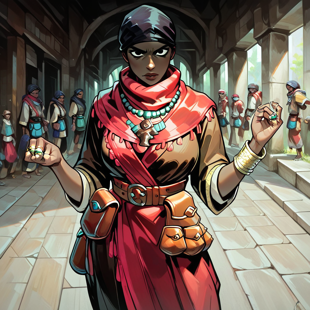 score_9, score_8_up, score_7_up, masterpiece, best quality, newest, absurdres, highres, DDAntiq-V1.1, scarf, bandana, robe, dark-skinned female, dark skin, belt pouch, pouch, necklace, belt, ring, bracelet, DDstyle, official style, black eyes, shaded eyes,