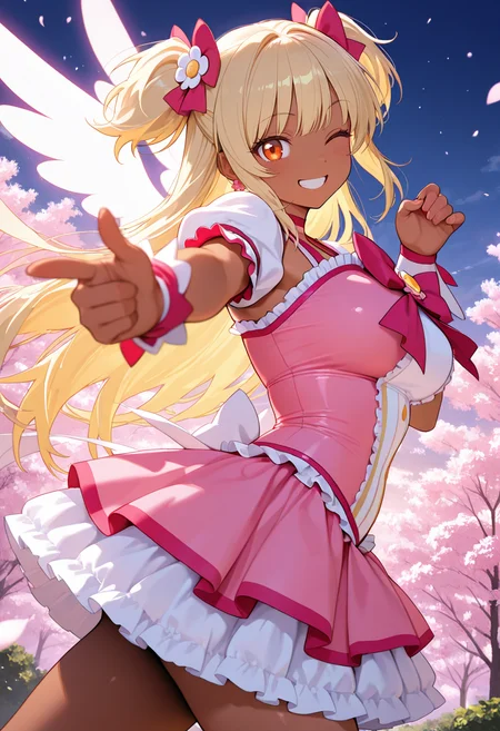 masterpiece,best quality,amazing quality, very aesthetic, ((outlined outlined vector graphics)), cute face, (glow eyes:0.5) , from side, looking at viewer ,beautiful scenery,
1girl,
20yo, large breast, orange eyes, (blonde hair:1.3),long hair, (two side up:1.1), (dark skin:1.2), dark skin girl, (tall:1.2), ,bangs
,
pink clothes, (focus female), smile, action pose, (clothed:1.1),
magical girl outfit, magical girl, frilles, happy, wings , wink , (kawaii) , , flowers <lora:magical-girl-outfit-il-20:0.8>