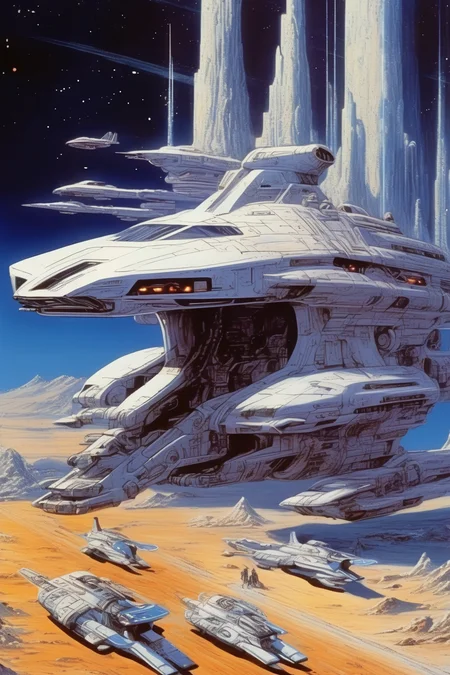 <lora:Angus McKie Style:1>Angus McKie Style - visualize old used white with blue led long squarre space military destroyer cruisers like Galactica in a badass futurist shape With Nazca glyph design pattern.led line assymetric. light trail. sophisticated.. realistic hyper-detailed,comic art,dynamic pose,32k UHD.magnification.made by manhattan studios, is flying through space, in the style of hirohiko araki, noriyoshi ohrai, mecha anime, majestic ports, hard-edged, ralph bakshi painting, digital art techniques