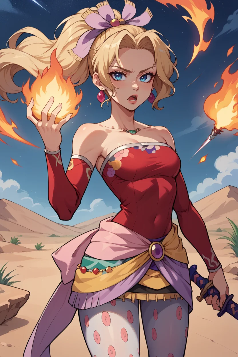 score_9, score_8_up, source_anime, 1girl, solo BREAK <lora:tinabranford-pdxl-nvwls-v1-000006:1> tina branford, blonde hair, ponytail, hair ribbon, earrings, red dress, strapless, detached sleeves, clothes around waist, print legwear, standing, holding sword, serious, open mouth, desert, night sky, hand up, holding fireball