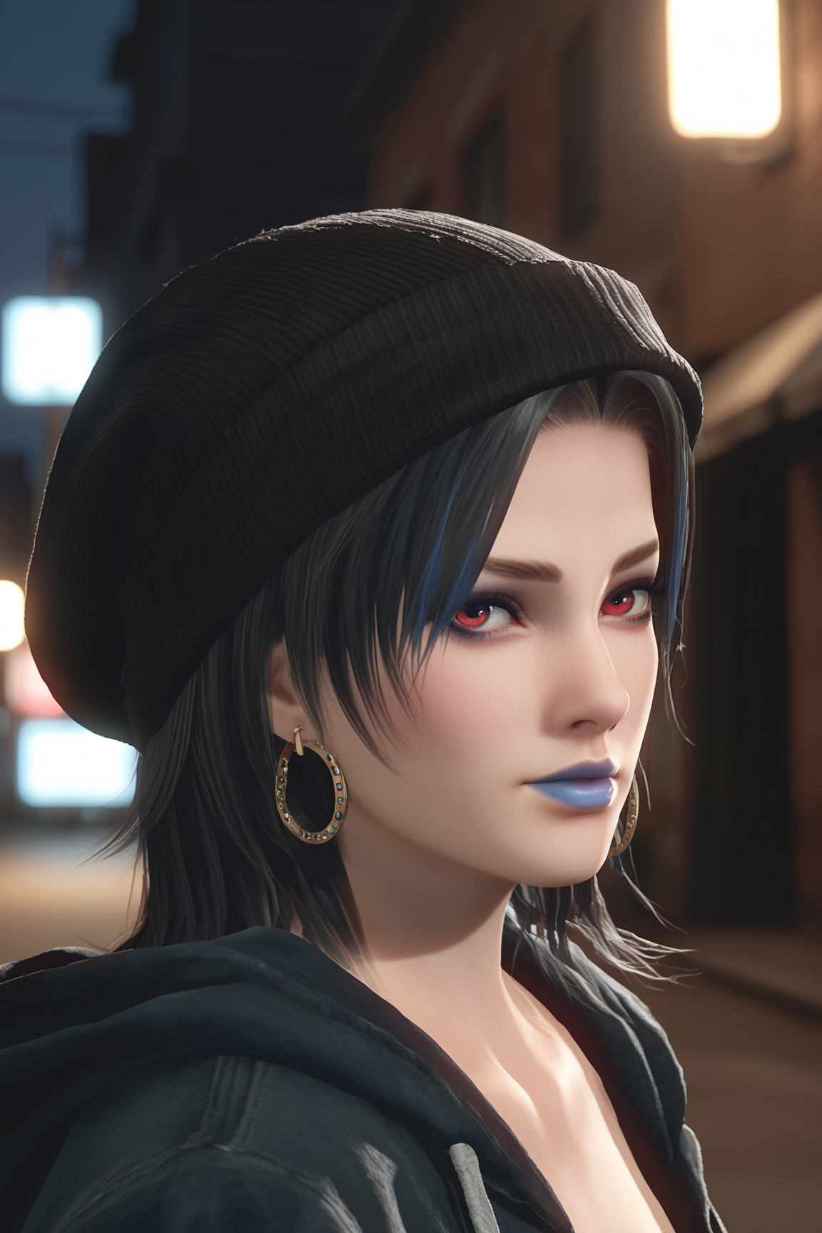 score_9,score_8,score_7_up,high detailed,  tina \(doaxvv\), 1girl, solo,looking at viewer,  black hair,medium hair, forehead, parted bangs,(blue lips),parted_lips,   v-shaped eyebrows, black eyebrows, red eyes, black eyelashes, purple eyeliner,hoop earrings,  moody nighttime atmosphere,oversized hoodie,black beanie, oversized clothes, punk, collarbone, close-up,from side,  BREAK rim lighting,dark moody, low-light.night,street,alley,       <lora:doa_tina_pdxl_v11:0.9000000000000001>
