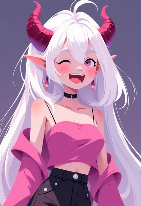 anime, cartoon, 2d flat illustration,
a demon girl with horns and white hair in white clothes, happy, upper teeth only, laughing, glowing,