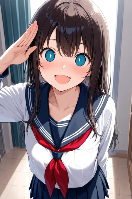 masterpiece,best quality,amazing quality, 1girl, solo, <lora:center_white_empty_eyes_v07:1>, (empty eyes:0.5), open mouth, smile, salute, serafuku, blush,