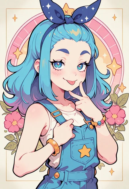1 girl , solo , blushing , tongue out , closed mouth , bratty smile , thick eyebrow , eyelashes , cute , winking , star , sleeveless , bracelet , overalls , ribbon , hair ribbon ,
masterpiece, best quality ,amazing quality ,S4bit4mago_illu , Protoneon ,s0wasow4rt_illu, t1m3r