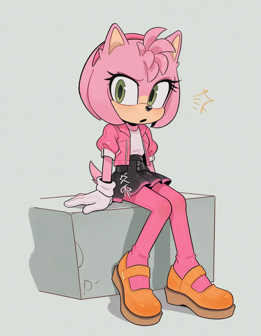 1girl, solo, full body, no humans,
<lora:Movie-Amy:1> movieamy, pink fur, green eyes, animal nose, body fur, hedgehog tail, petite, short legs, short hair, bob cut,
white gloves, <lora:RemiMun-32:1.0> remimun,
aqua open jacket, leather jacket, pink hooded sweater, short puffy sleeves, black half-skirt, pink thighband pantyhose, orange ballet slippers, sitting, legs tucked, amused expression, bright gaze, whimsical pose, extremely detailed, highres, masterpiece, best quality
