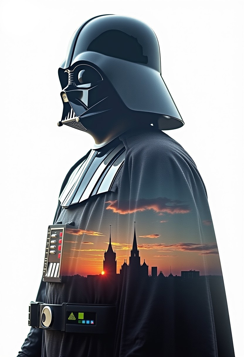 Beauty, realism, cinematic quality, chiaroscuro, rays of light, play of shadow and light, cinematic style. close up silhouette of young anakin skywalker filled with a death star stwar wars scenery, double exposure, crisp lines, double exposure background, hyperdetailed, concept art, silhouette of darth vader, split image, spoiler