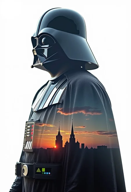 Beauty, realism, cinematic quality, chiaroscuro, rays of light, play of shadow and light, cinematic style. close up silhouette of young anakin skywalker filled with a death star stwar wars scenery, double exposure, crisp lines, double exposure background, hyperdetailed, concept art, silhouette of darth vader, split image, spoiler