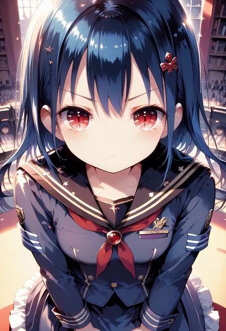 score_9, score_8_up, score_7_up, 1girl,FujisakaLP,high definition eyes, (masterpiece), (best quality), (ultra detailed),(disheveled hair),(illustration), (best shadow), detail1eye, intricate, hyper detailed, illustration,soft lighting, scenic, disgust, Navy blue hair, colorful, colorized, from_above ,vampire_costume , runway <lora:pastelStyleV4:0.6>