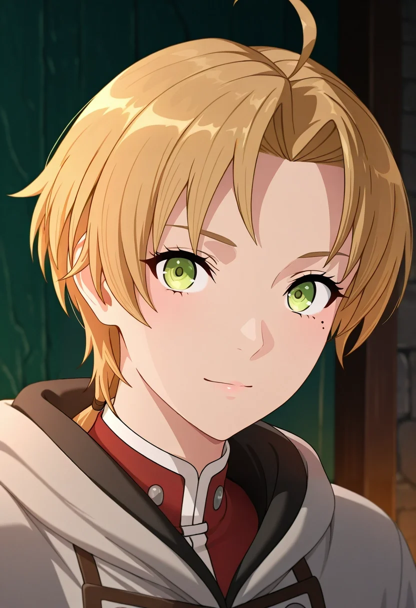 masterpiece, best quality, , (3d:0.4), looking at viewer, 1boy, solo, male focus, <lora:rudeus_greyrat_ilxl:0.98>, rudeus_greyrat, blonde hair, green eyes, short hair, bangs, parted bangs, ahoge, mole under eye, , ,