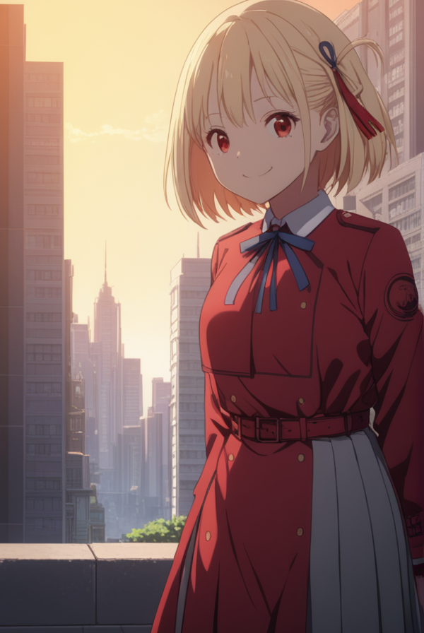 masterpiece, best quality, highres, 4k, 8k, intricate detail, cinematic lighting, amazing quality, amazing shading, soft lighting, Detailed Illustration, anime style,
chisatonishikigi, <lora:chisato-nishikigi-s1-sdxl-lora-nochekaiser:0.75>,
chisato nishikigi, short hair, bangs, blonde hair, red eyes, hair ribbon, one side up, bob cut, smile,
shirt, long sleeves, dress, ribbon, white shirt, collared shirt, belt, neck ribbon, red dress, blue ribbon, pleated dress, grey dress, two-tone dress, red belt, lycoris uniform,
outdoors, cityscape, buildings, crowd,
looking at viewer, full body,