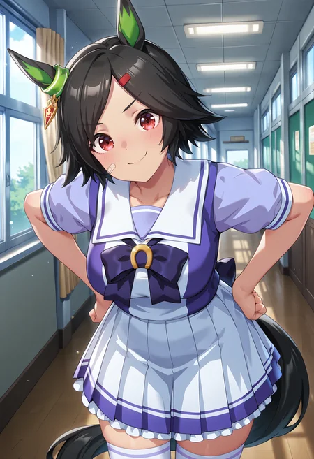 best quality, amazing quality, perfect quality, high quality, masterpiece, absolutely eye-catching BREAK
<lora:Uma_Musume_-_Winning_Ticket:1> UmaWinningTicket, red eyes, horse ears, horse tail, black hair, short hair, parted bangs, ear ornament, red hairclip, bandaid on cheek, medium breasts BREAK
purple bow, horseshoe ornament, purple shirt, sailor shirt, short sleeves, white pleated skirt, white thighhighs BREAK
indoors, school, hallway, window, curtain, sunbeam BREAK
1girl, solo, hands on hips, leaning forward, head tilt, smug, looking at viewer, cowboy shot, dutch angle