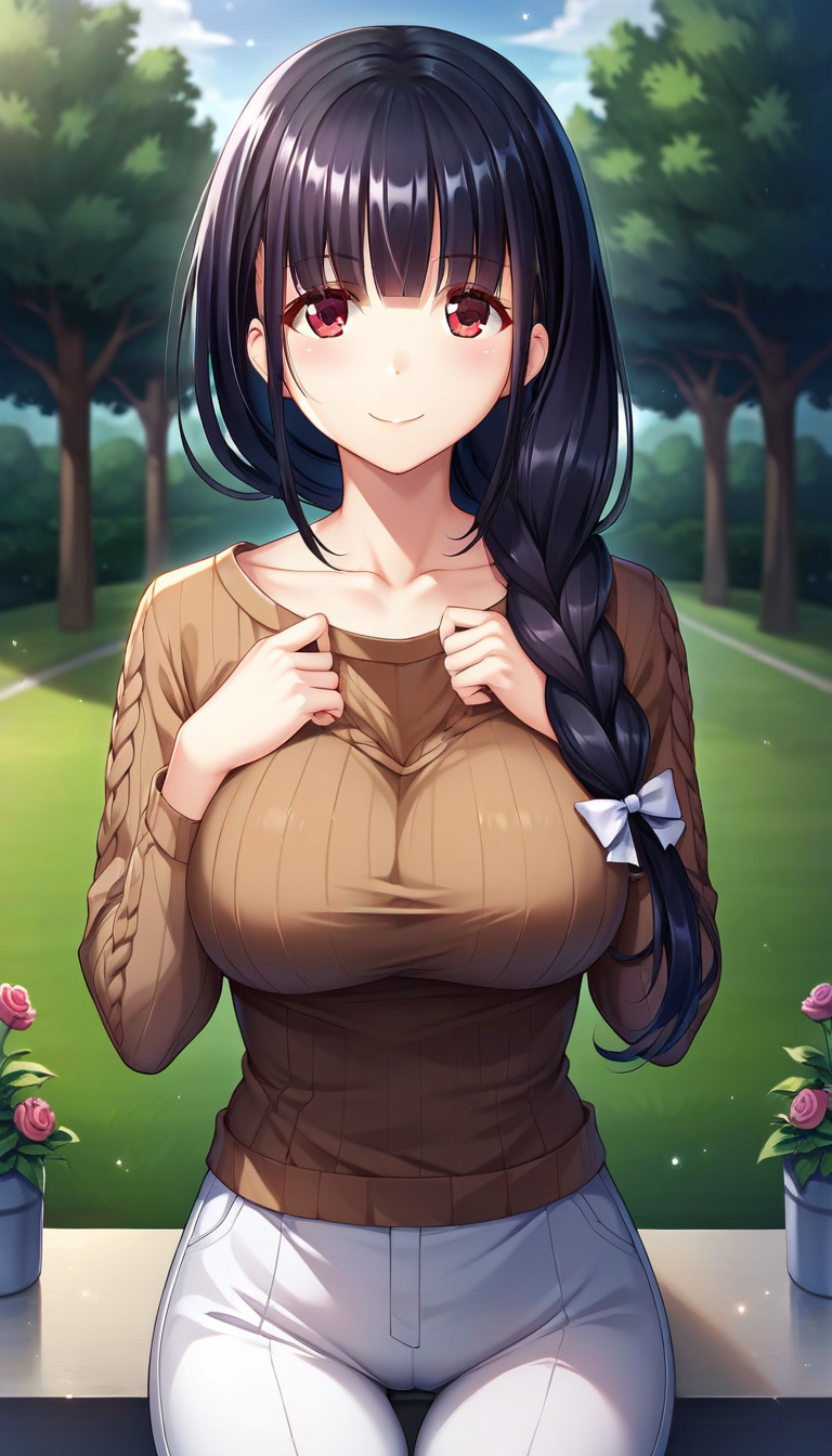 score_9,score_8_up,score_7_up,score_6_up BREAK official art,solo,outdoors,upper body,looking at viewer,facing viewer,smile,blush,Kurose Tokiko,long hair,black hair,shiny hair,single braid,hair bow,white bow,hair ribbon,white ribbon,hair over shoulder,sidelocks,blunt bangs,red eyes,collarbone,brown sweater,aran sweater,ribbed sweater,cable knit,large breasts,long sleeves,white pants,thigh gap,black socks,no shoes,<lora:Kurose Tokiko(zasoo)-Pony:1.2>,