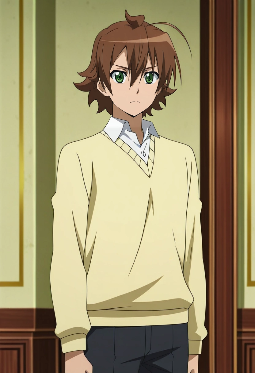 masterpiece, best quality, anime screencap, official style, anime coloring, cowboy shot, 1boy, solo, male focus, <lora:tatsumi_akame_ga_kill_ilxl:0.98>, tatsumi_akame_ga_kill, brown hair, green eyes, short hair, hair between eyes, ahoge,