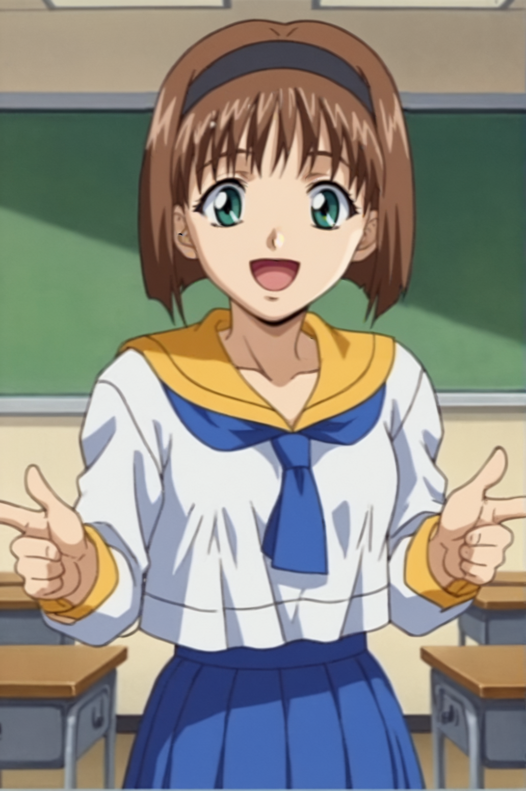 score_9, score_8_up, score_7_up,anime_source, source_anime, best background, detailed background, anime screencap,  Tomoko,school uniform, serafuku, skirt, cowboy shot, victory fingers, happy, indoors, classroom indoors,  <lora:JN_Tomoko_Kitazawa:0.8>