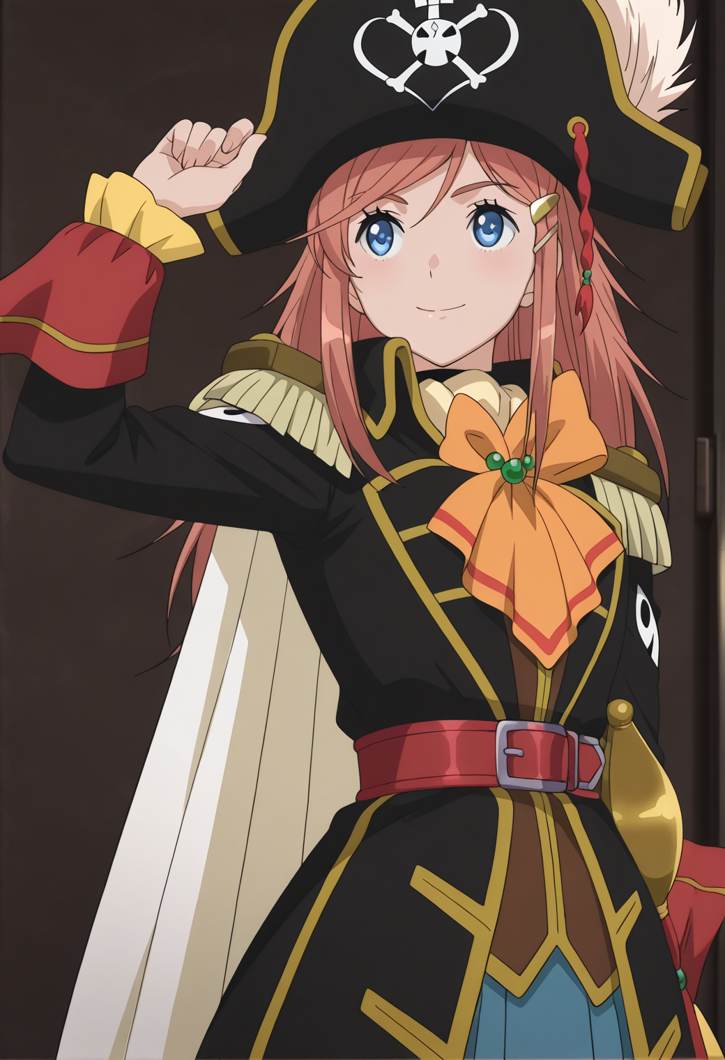masterpiece, best quality, very aesthetic, absurdres, 1girl, solo, 
<lora:kato_marika_v01:1>, kato_marika, marika_pirates2, brown hair, long hair, blue eyes, hairclip,
pirate, pirate hat, hat feather, white cape, epaulettes, orange ascot, red belt, blue skirt, plated skirt, smile, posing, upper body