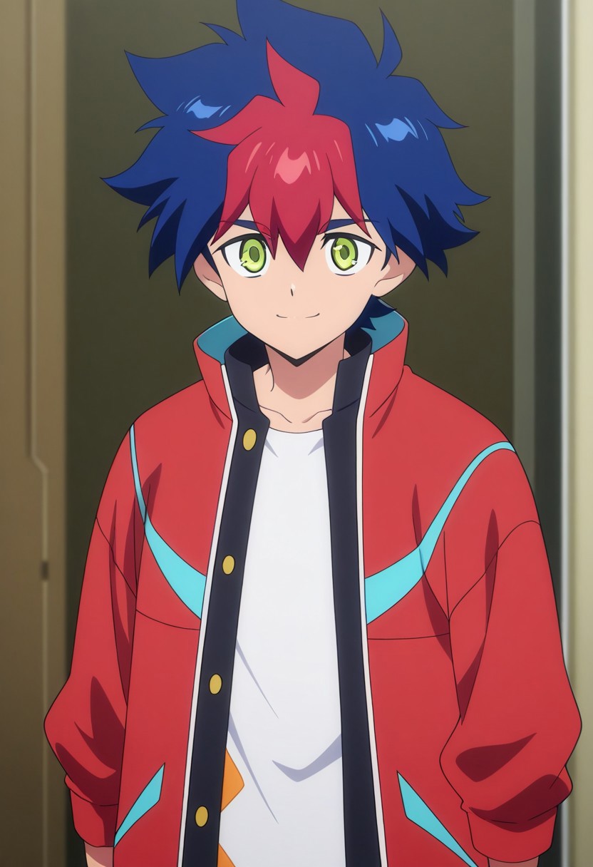 masterpiece,best quality,amazing quality, source_anime,
RaitoTenryu, 1boy, male focus, solo, green eyes, multicolored hair, blue hair, red hair, gakuran, shirt, white shirt, jacket, red jacket, open jacket, smile,