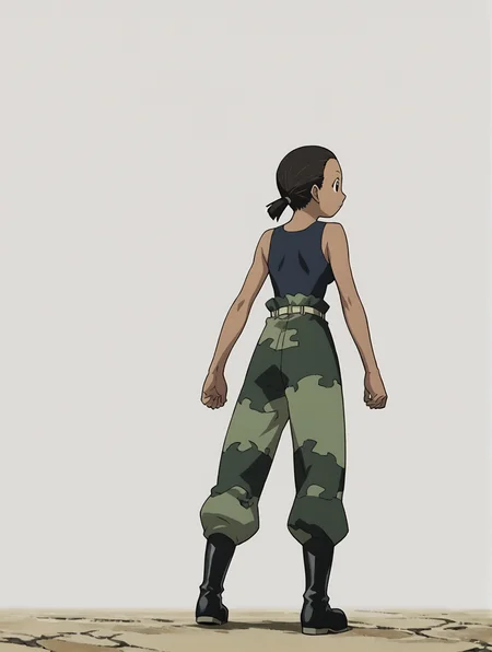 score_9, score_8_up, score_7_up, 1girl, solo, source_anime, aninyaFMA, dark-skinned female, boots, camouflage, tank top, black hair, black eyes, ponytail, <lora:PaninyaFMA:1> white background, simple background, full body, standing, from behind,
